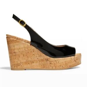 Stuart Weitzman Riviera Patent Leather Cork Wedge Slingback Sandals 8.5